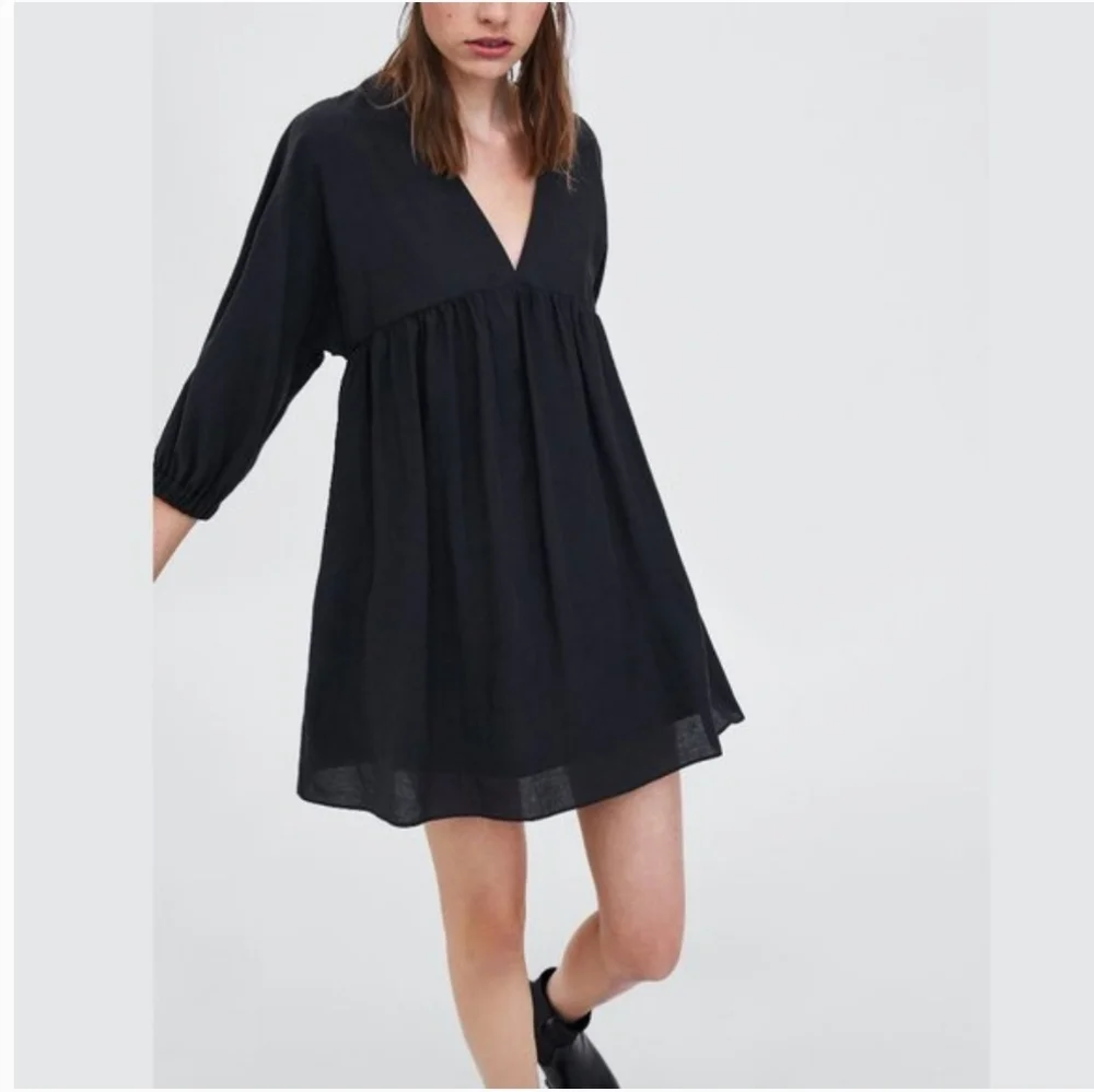 ZARA Trf Puff Sleeve Babydoll Dress size S in Black AE-1614